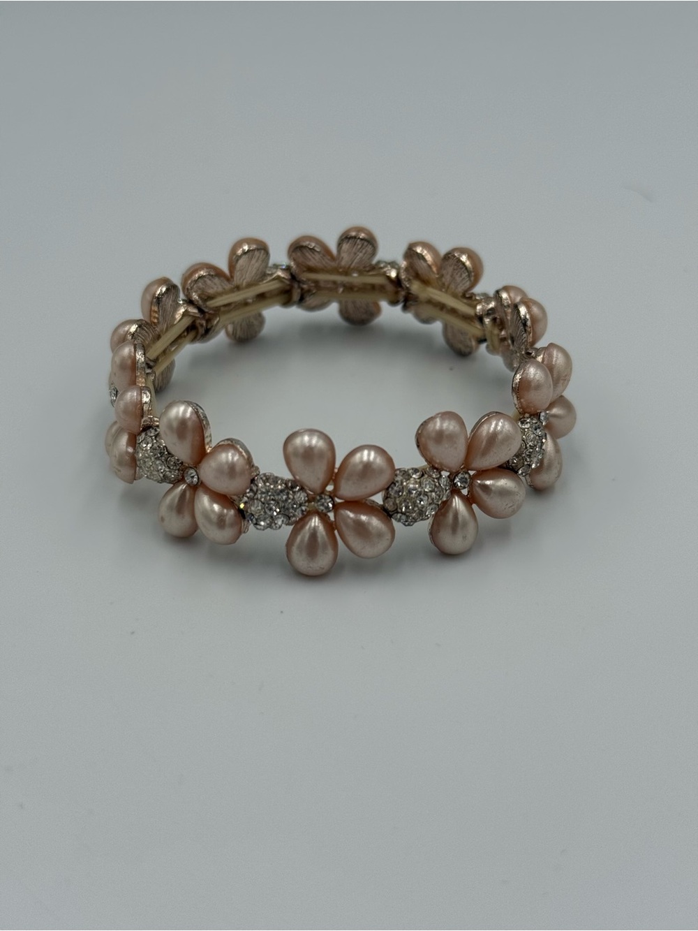 Pink Pearl Flower Bracelet with Sparkly Rhinestone Clusters